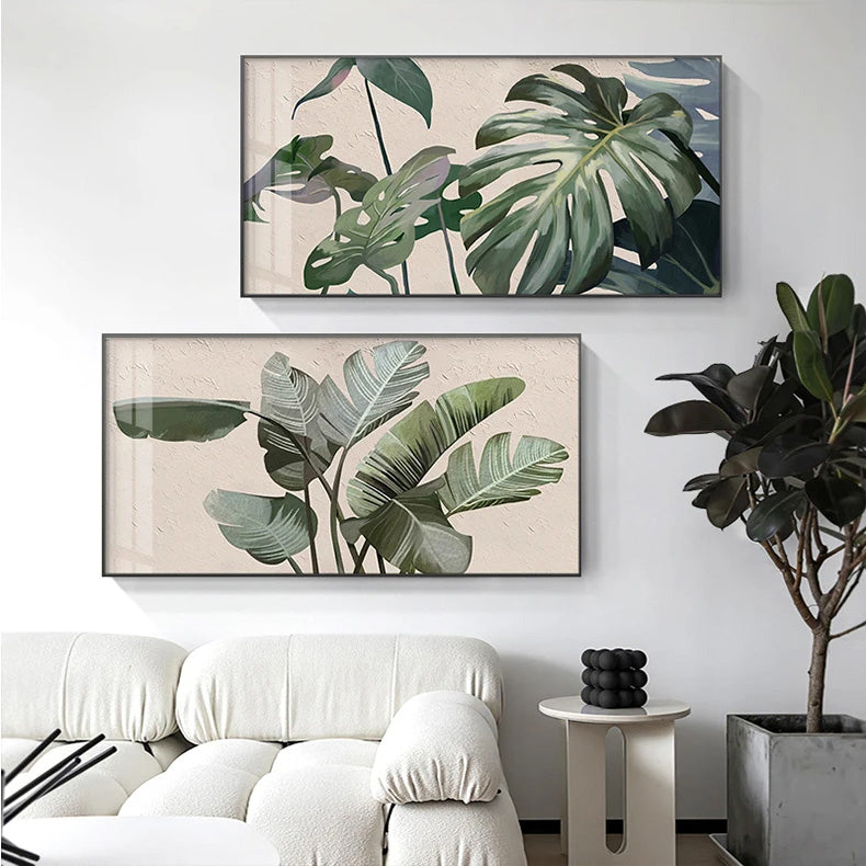 Tropical Green Leaves Wall Art Fine Art Canvas Prints - Modern Botanical Pictures For Living Room Dining Room Monstera Posters For Contemporary Scandi Home Decor