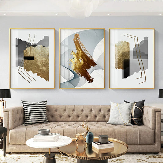 Urban Abstract Golden Grey Geometric Wall Art Fine Art Canvas Prints - Modern Art For Living Room Dining Room Bedroom Art For Contemporary Home Decor