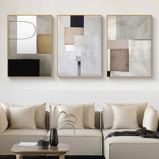 Vintage Abstract Grey Beige Color Block Wall Art Fine Art Canvas Prints - Modern Art For Living Room Dining Room Bedroom Art For Contemporary Interiors