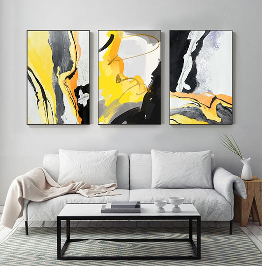 Yellow Grey Golden Black Nordic Abstract Wall Art Fine Art Canvas Prints - Modern Art For Living Room Dining Room Light Luxury Home Decor.