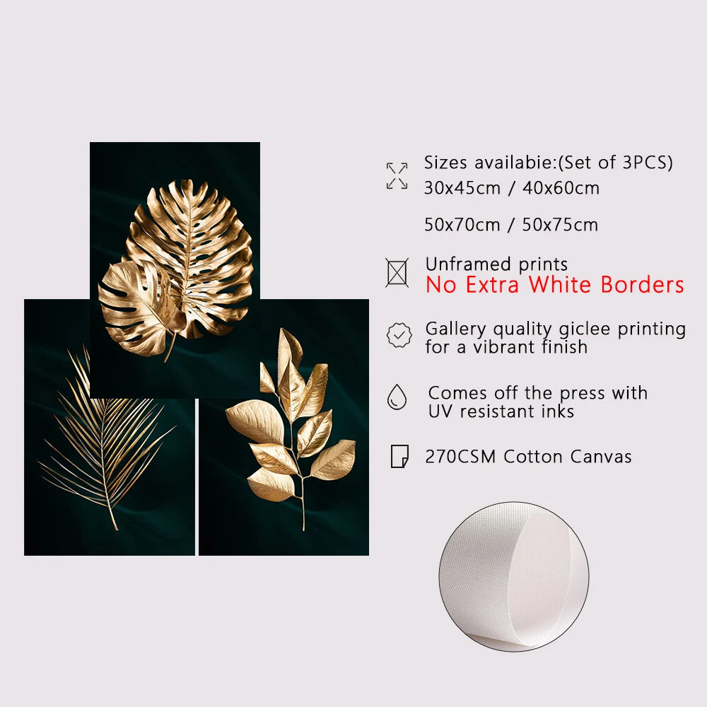 Set of 3PCs Golden Monstera Wall Art Fine Art Canvas Prints - Modern Tropical Botanical Pictures For Living Room Dining Room Art For Contemporary Interiors