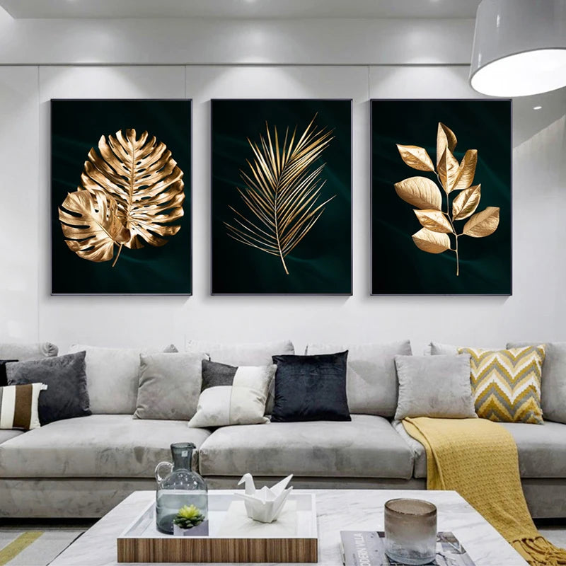 Set of 3PCs Golden Monstera Wall Art Fine Art Canvas Prints - Modern Tropical Botanical Pictures For Living Room Dining Room Art For Contemporary Interiors