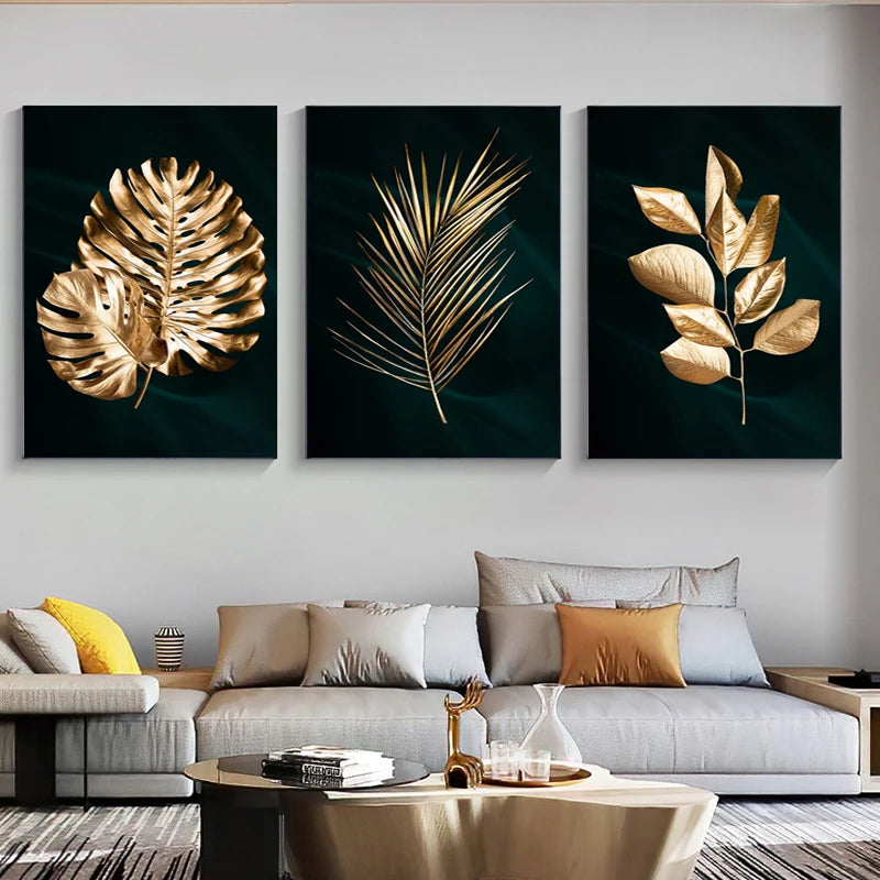 Set of 3PCs Golden Monstera Wall Art Fine Art Canvas Prints - Modern Tropical Botanical Pictures For Living Room Dining Room Art For Contemporary Interiors