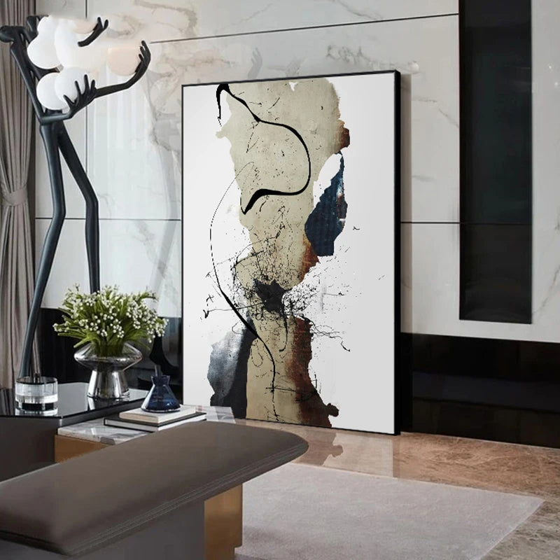 Abstract Beige Black Ink Splash Wall Art Fine Art Canvas Prints - Modern Art For Entranceway Foyer Living Room Dining Room Wall Decor