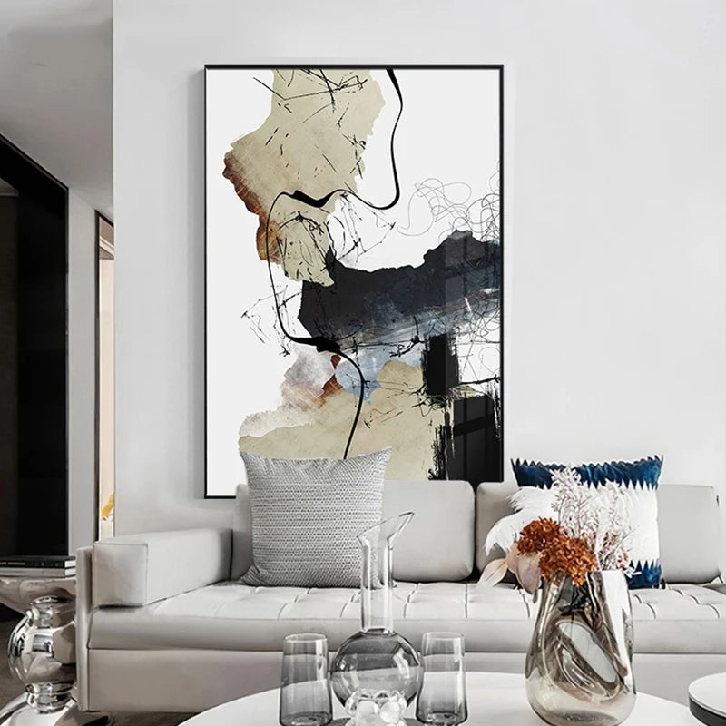 Abstract Beige Black Ink Splash Wall Art Fine Art Canvas Prints - Modern Art For Entranceway Foyer Living Room Dining Room Wall Decor