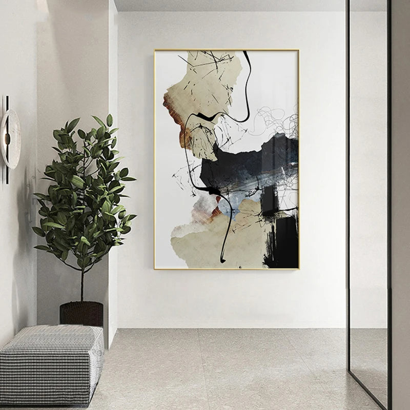 Abstract Beige Black Ink Splash Wall Art Fine Art Canvas Prints - Modern Art For Entranceway Foyer Living Room Dining Room Wall Decor