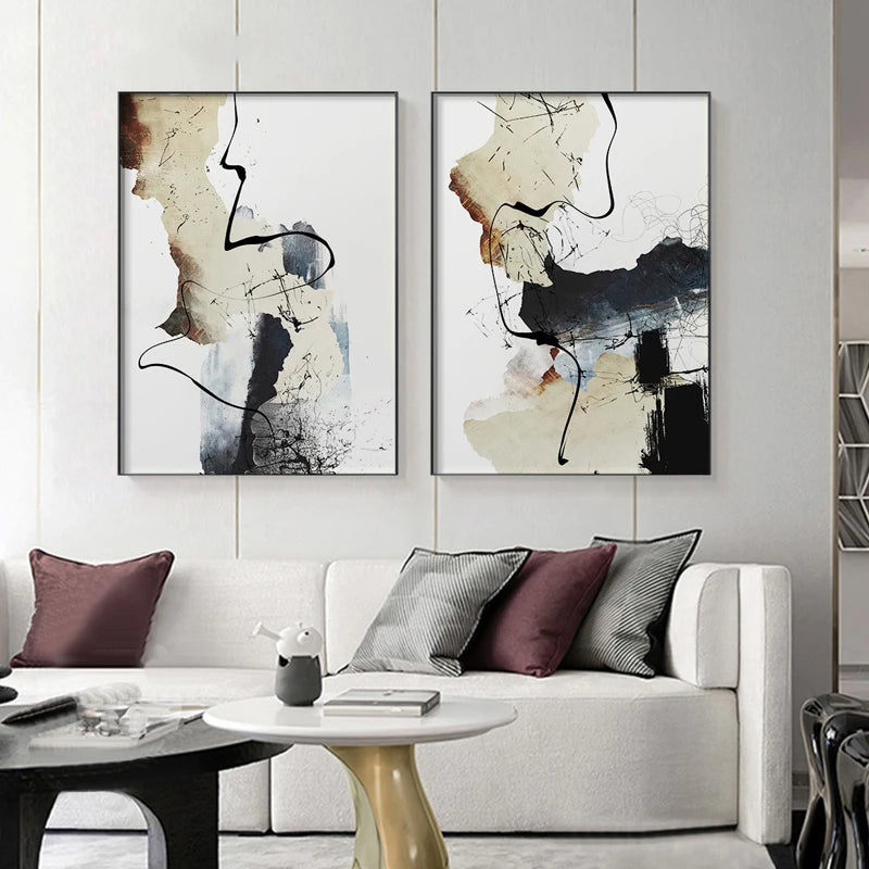 Abstract Beige Black Ink Splash Wall Art Fine Art Canvas Prints - Modern Art For Entranceway Foyer Living Room Dining Room Wall Decor