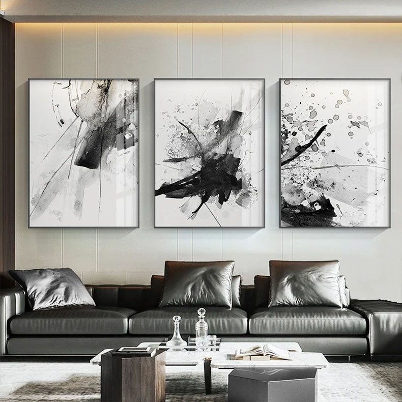 Abstract Ink Splash Black & White Wall Art Fine Art Canvas Prints - Pictures For Modern Apartment Living Room Dining Room Office Meeting Room Art For Contemporary Interiors