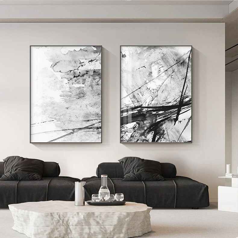 Abstract Ink Splash Black & White Wall Art Fine Art Canvas Prints - Pictures For Modern Apartment Living Room Dining Room Office Meeting Room Art For Contemporary Interiors
