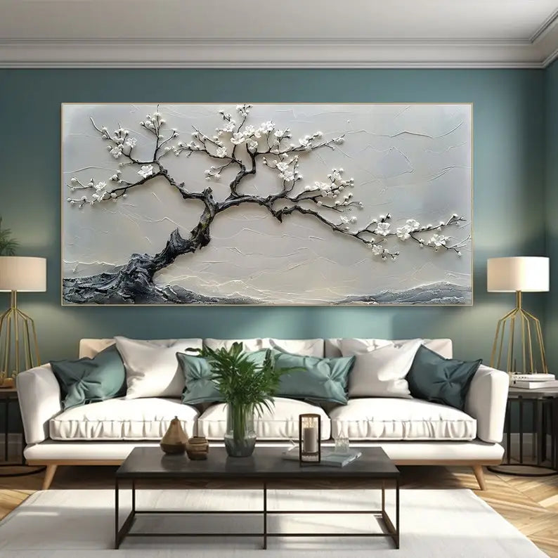 Abstract Minimalist Blossom White Tree Floral Wall Art – Neutral Toned Unframed Canvas Print Artwork for Modern Bedroom, Living Room & Luxury Home Interior Décor