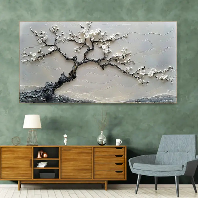 Abstract Minimalist Blossom White Tree Floral Wall Art – Neutral Toned Unframed Canvas Print Artwork for Modern Bedroom, Living Room & Luxury Home Interior Décor