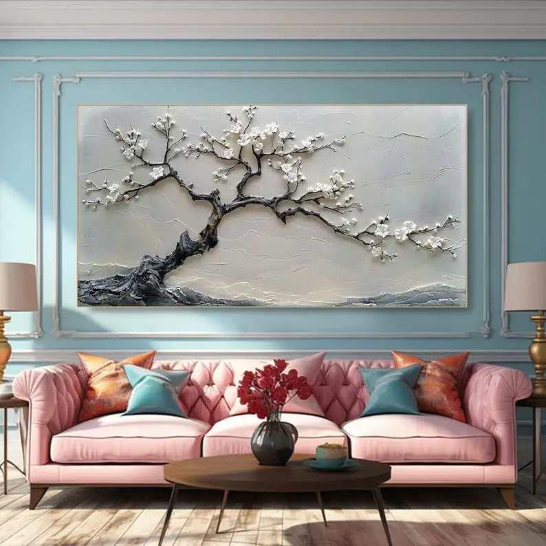 Abstract Minimalist Blossom White Tree Floral Wall Art – Neutral Toned Unframed Canvas Print Artwork for Modern Bedroom, Living Room & Luxury Home Interior Décor