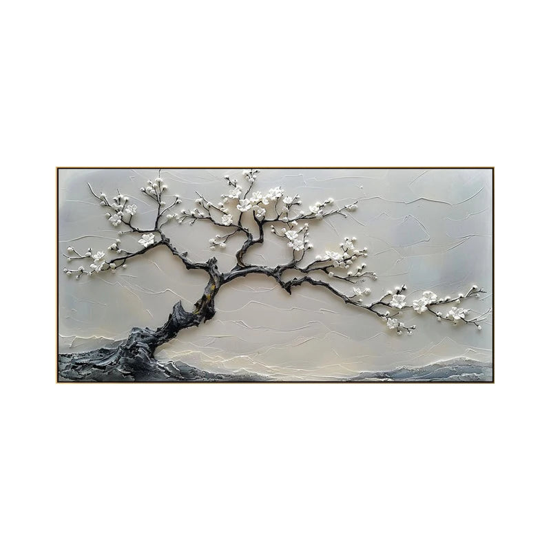 Abstract Minimalist Blossom White Tree Floral Wall Art – Neutral Toned Unframed Canvas Print Artwork for Modern Bedroom, Living Room & Luxury Home Interior Décor