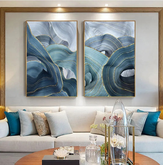 Abstract Silver Canvas Painting Golden Blue Poster Print Modern Paintings Wall Art Pictures for Living Room Bedroom Home Decor