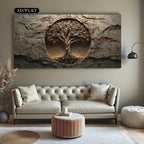 A large rectangular wall art piece featuring a circular tree of life design set against a rocky stone texture, displayed above a tufted sofa in a modern living room setting.