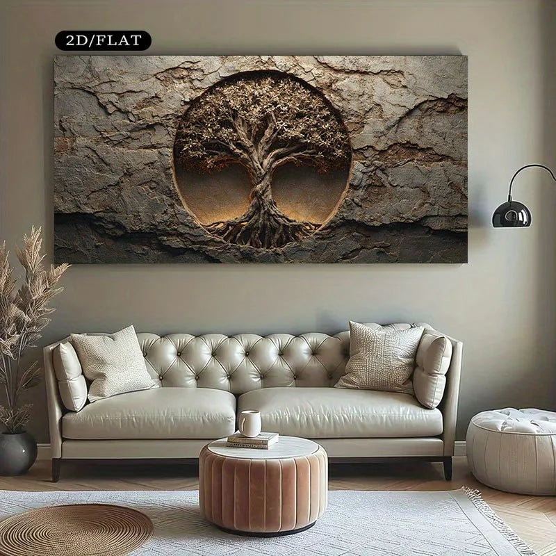 A large rectangular wall art piece featuring a circular tree of life design set against a rocky stone texture, displayed above a tufted sofa in a modern living room setting.