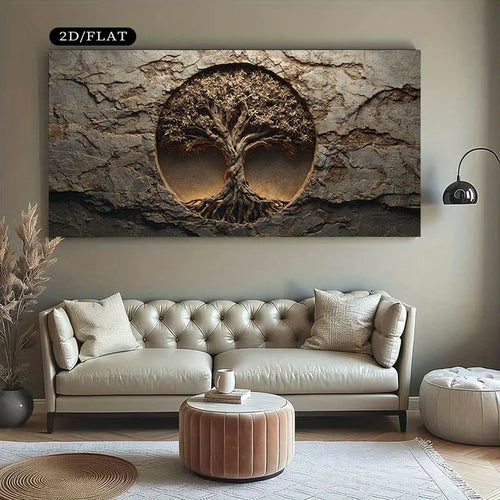 A large rectangular wall art piece featuring a circular tree of life design set against a rocky stone texture, displayed above a tufted sofa in a modern living room setting.