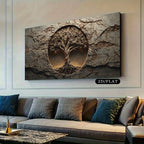 A large rectangular wall art piece showing a textured stone-like surface with a circular tree-of-life motif, displayed above a sofa in a modern living room. A small label reads “2D/FLAT.