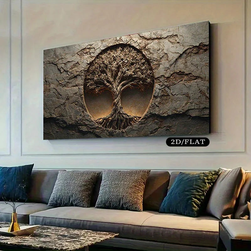 A large rectangular wall art piece showing a textured stone-like surface with a circular tree-of-life motif, displayed above a sofa in a modern living room. A small label reads “2D/FLAT.