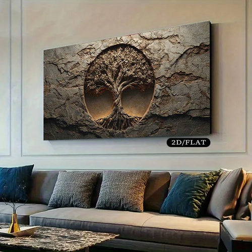 A large rectangular wall art piece showing a textured stone-like surface with a circular tree-of-life motif, displayed above a sofa in a modern living room. A small label reads “2D/FLAT.