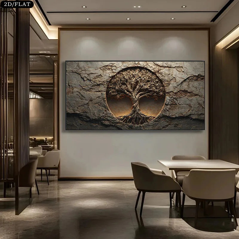 A large rectangular wall art piece featuring a textured stone-like background with a circular tree-of-life motif in the center, displayed above a dining table in a modern interior setting.