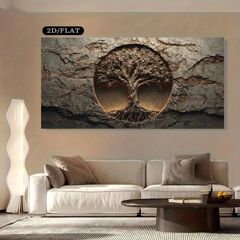 A large rectangular wall art piece showing a stylized tree of life inside a circular opening set against a rocky stone texture, displayed above a white sofa in a modern living room. A small label at the top reads '2D/FLAT'.