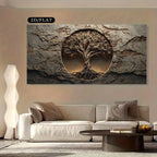 A large rectangular wall art piece showing a stylized tree of life inside a circular opening set against a rocky stone texture, displayed above a white sofa in a modern living room. A small label at the top reads '2D/FLAT'.