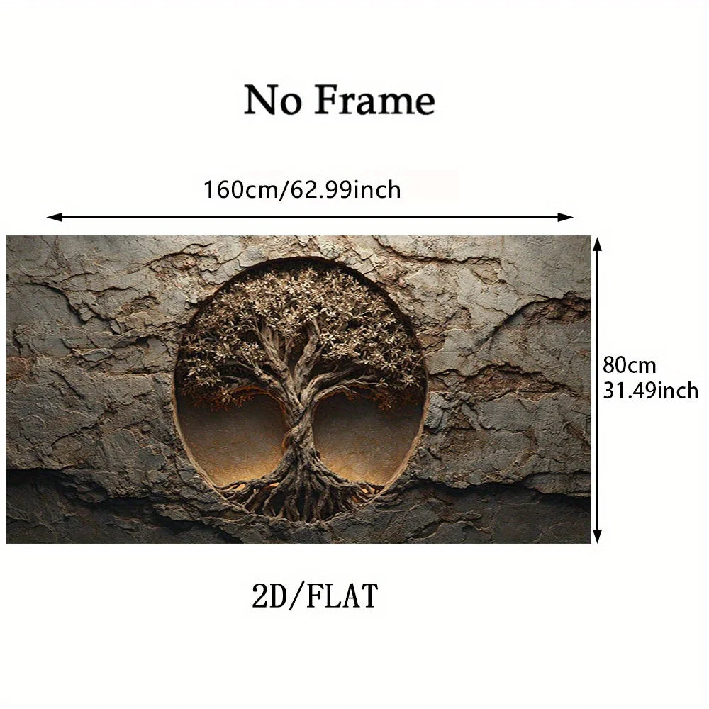 A wall art print or mural shown with dimension labels: a rectangular textured design featuring a circular tree-of-life motif in the center, with text reading 'No Frame,' '2D/FLAT,' '160cm/62.99inch,' and '80cm/31.