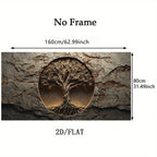 A wall art print or mural shown with dimension labels: a rectangular textured design featuring a circular tree-of-life motif in the center, with text reading 'No Frame,' '2D/FLAT,' '160cm/62.99inch,' and '80cm/31.