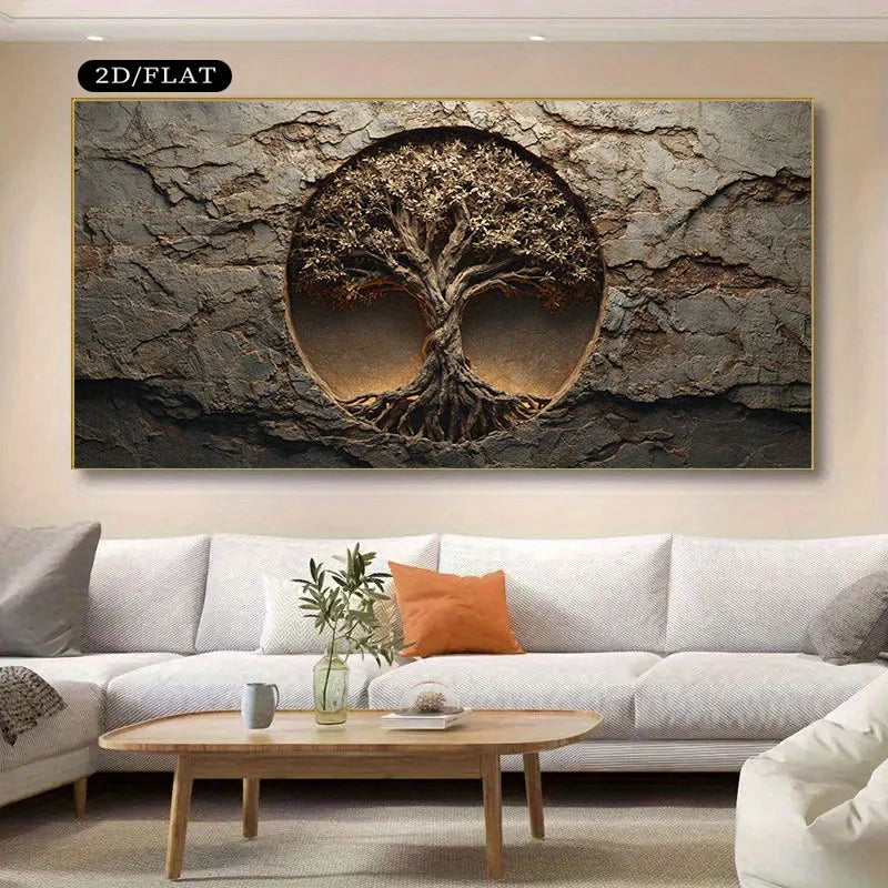 A large rectangular wall art piece hanging above a white sectional sofa in a living room. The artwork shows a stylized tree of life with textured bark and roots set against a circular opening in a rocky surface.