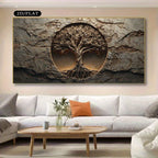 A large rectangular wall art piece hanging above a white sectional sofa in a living room. The artwork shows a stylized tree of life with textured bark and roots set against a circular opening in a rocky surface.