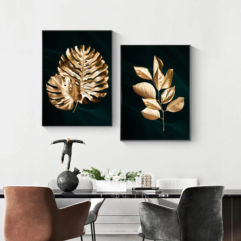 Set of 3PCs Golden Monstera Wall Art Fine Art Canvas Prints - Modern Tropical Botanical Pictures For Living Room Dining Room Art For Contemporary Interiors