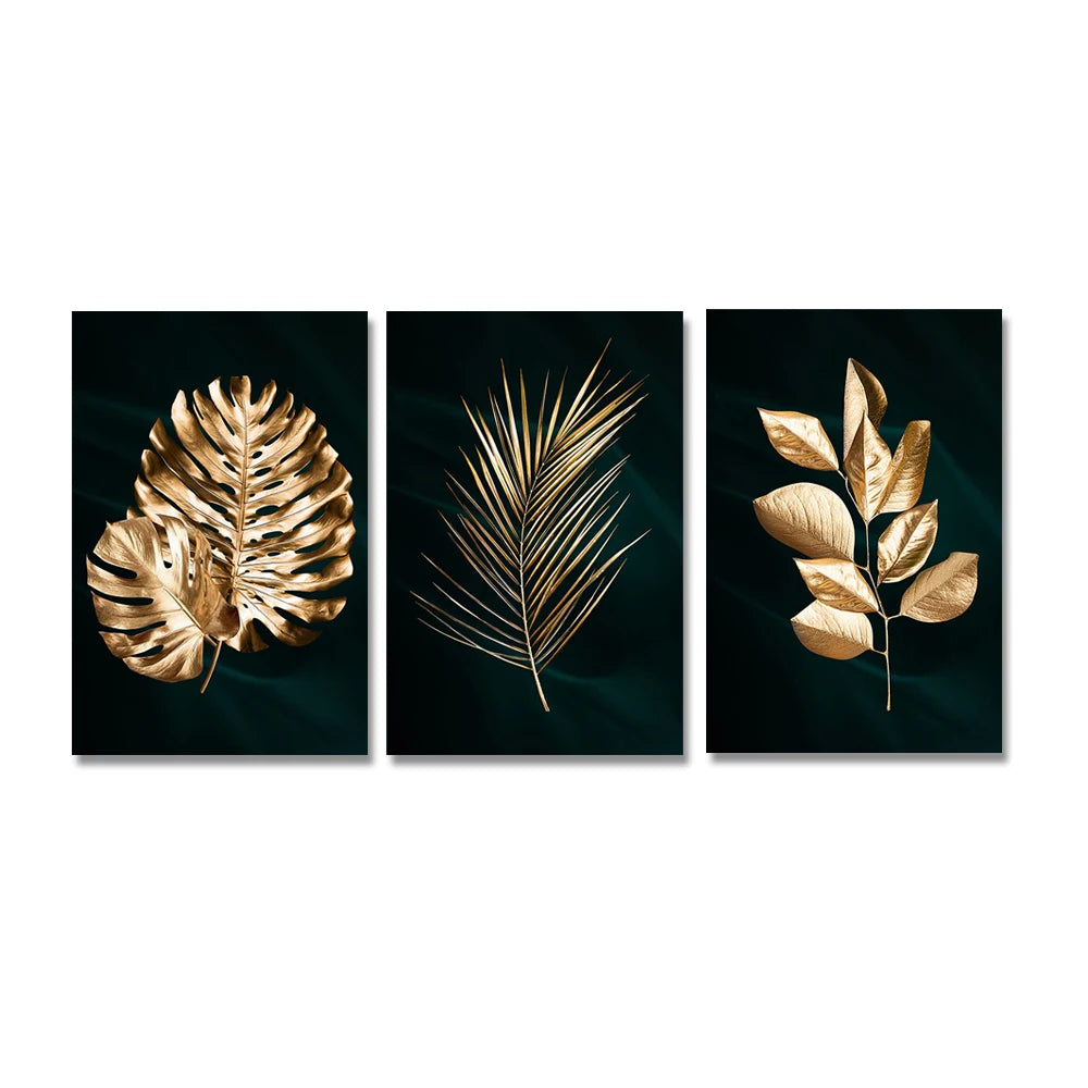 Set of 3PCs Golden Monstera Wall Art Fine Art Canvas Prints - Modern Tropical Botanical Pictures For Living Room Dining Room Art For Contemporary Interiors