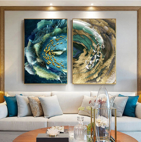 Aqua Marine Ocean Golden Fishes Wall Art Fine Art Canvas Prints - Modern Abstract Auspicious Wall Decor For Living Room Dining Room Art For Contemporary Interiors