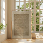 Decorative wall art with Arabic text in a modern room with large windows.