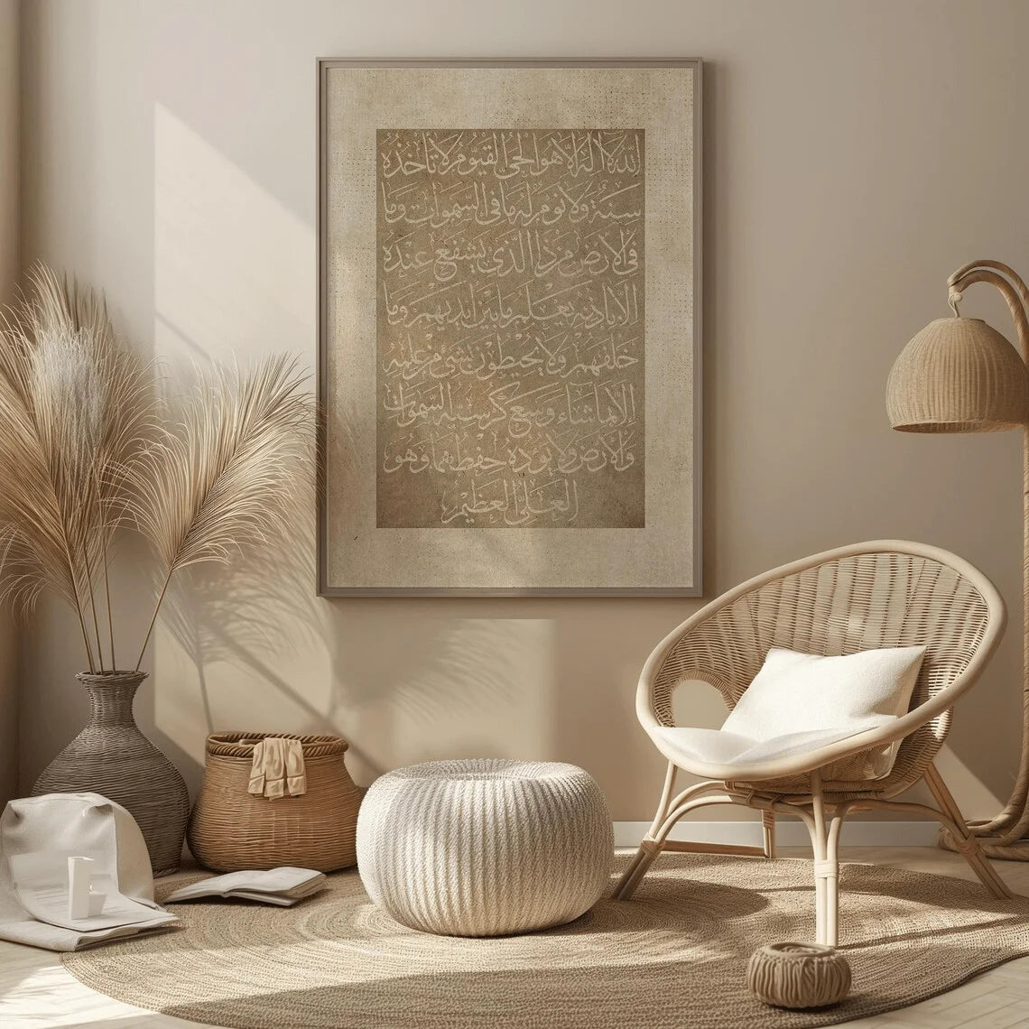 Beige interior with wicker chair, ottoman, and decorative items.