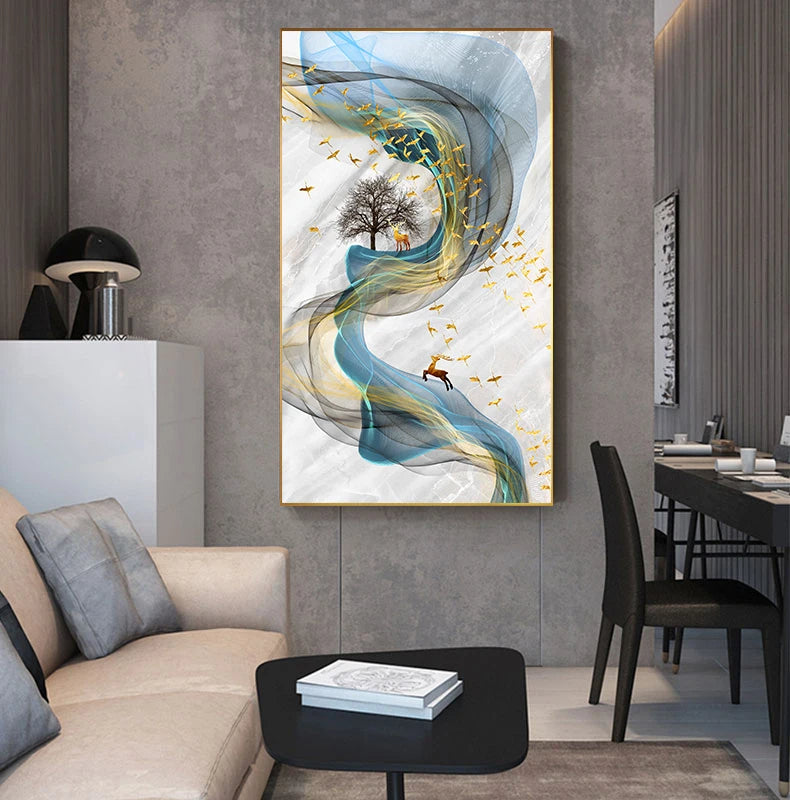 Auspicious Golden Deer Abstract Flowing Landscape Wall Art Fine Art Canvas Prints - Light Luxury Art For Modern Apartment Living Room Dining Room Entranceway Foyer Art Decor