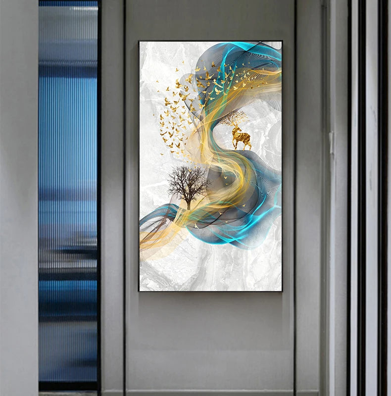 Auspicious Golden Deer Abstract Flowing Landscape Wall Art Fine Art Canvas Prints - Light Luxury Art For Modern Apartment Living Room Dining Room Entranceway Foyer Art Decor