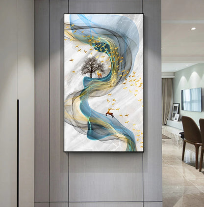 Auspicious Golden Deer Abstract Flowing Landscape Wall Art Fine Art Canvas Prints - Light Luxury Art For Modern Apartment Living Room Dining Room Entranceway Foyer Art Decor