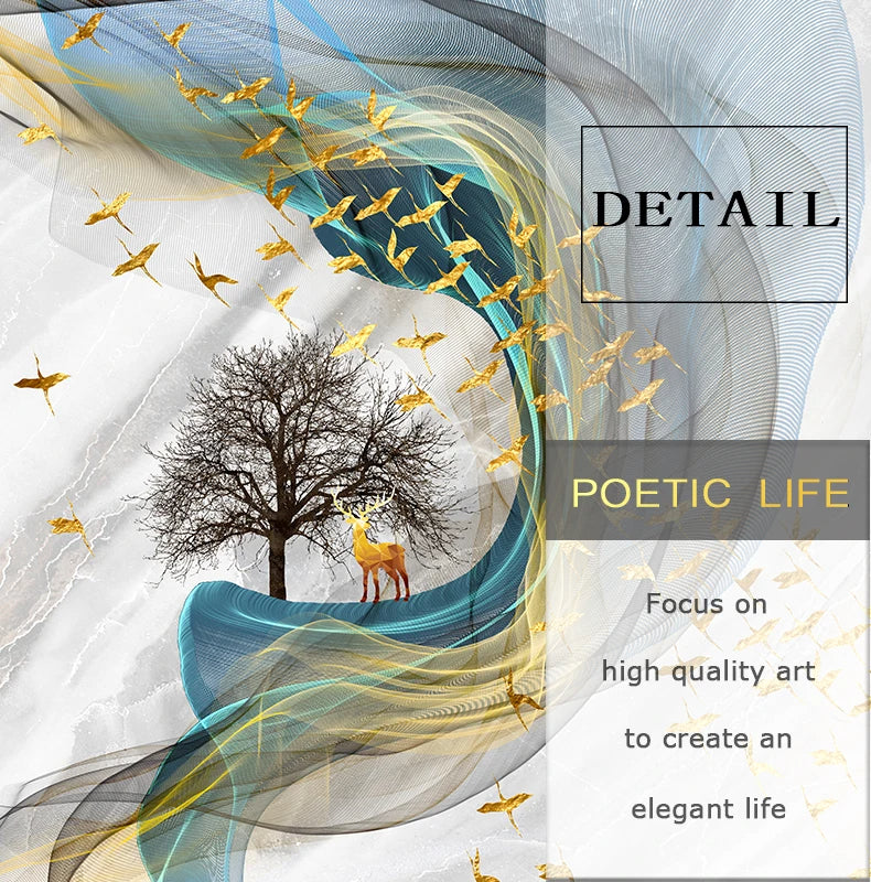 Auspicious Golden Deer Abstract Flowing Landscape Wall Art Fine Art Canvas Prints - Light Luxury Art For Modern Apartment Living Room Dining Room Entranceway Foyer Art Decor