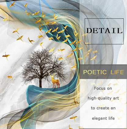 Auspicious Golden Deer Abstract Flowing Landscape Wall Art Fine Art Canvas Prints - Light Luxury Art For Modern Apartment Living Room Dining Room Entranceway Foyer Art Decor