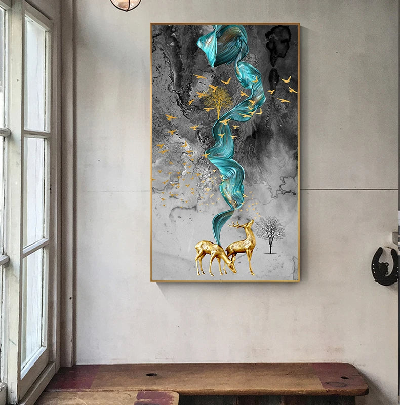 Auspicious Golden Deer Abstract Flowing Landscape Wall Art Fine Art Canvas Prints - Light Luxury Art For Modern Apartment Living Room Dining Room Entranceway Foyer Art Decor