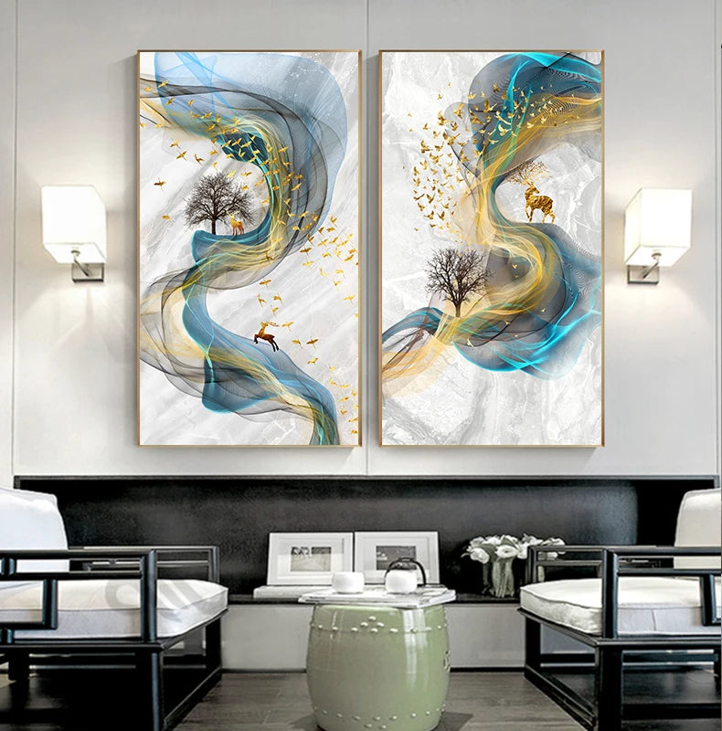 Auspicious Golden Deer Abstract Flowing Landscape Wall Art Fine Art Canvas Prints - Light Luxury Art For Modern Apartment Living Room Dining Room Entranceway Foyer Art Decor