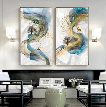 Auspicious Golden Deer Abstract Flowing Landscape Wall Art Fine Art Canvas Prints - Light Luxury Art For Modern Apartment Living Room Dining Room Entranceway Foyer Art Decor