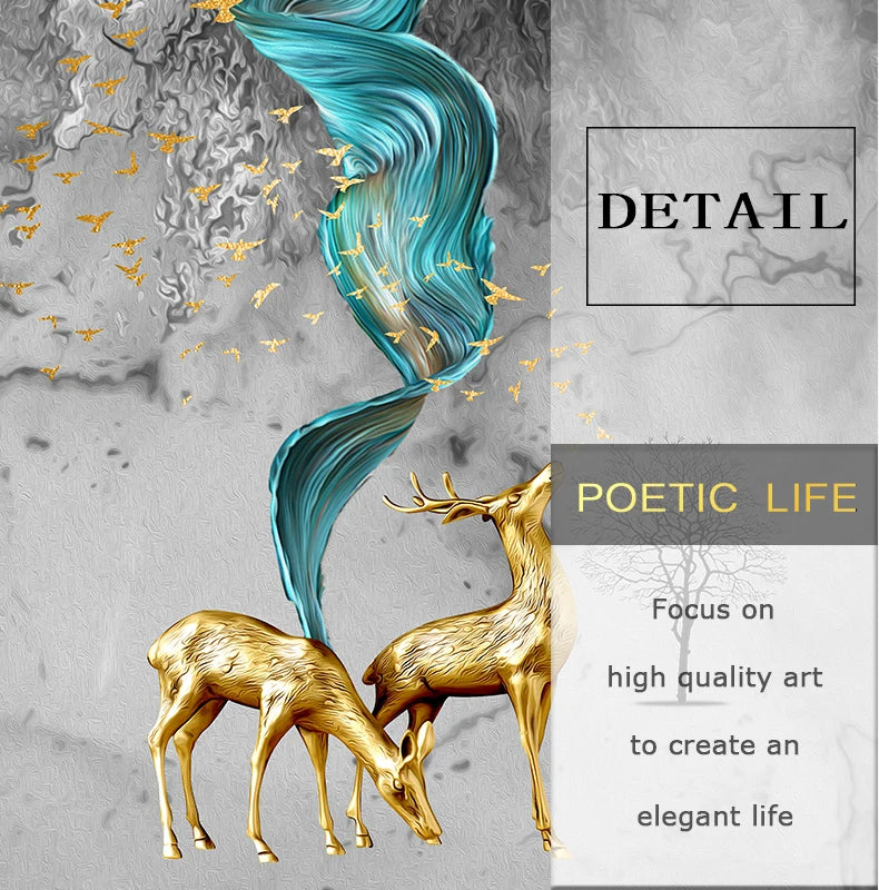 Auspicious Golden Deer Abstract Flowing Landscape Wall Art Fine Art Canvas Prints - Light Luxury Art For Modern Apartment Living Room Dining Room Entranceway Foyer Art Decor