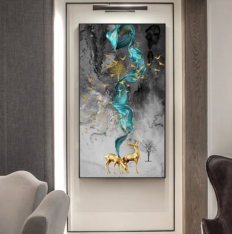 Auspicious Golden Deer Abstract Flowing Landscape Wall Art Fine Art Canvas Prints - Light Luxury Art For Modern Apartment Living Room Dining Room Entranceway Foyer Art Decor