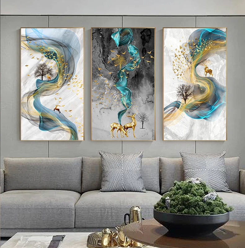 Auspicious Golden Deer Abstract Flowing Landscape Wall Art Fine Art Canvas Prints - Light Luxury Art For Modern Apartment Living Room Dining Room Entranceway Foyer Art Decor