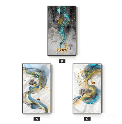 Auspicious Golden Deer Abstract Flowing Landscape Wall Art Fine Art Canvas Prints - Light Luxury Art For Modern Apartment Living Room Dining Room Entranceway Foyer Art Decor