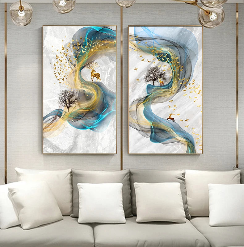 Auspicious Golden Deer Abstract Flowing Landscape Wall Art Fine Art Canvas Prints - Light Luxury Art For Modern Apartment Living Room Dining Room Entranceway Foyer Art Decor