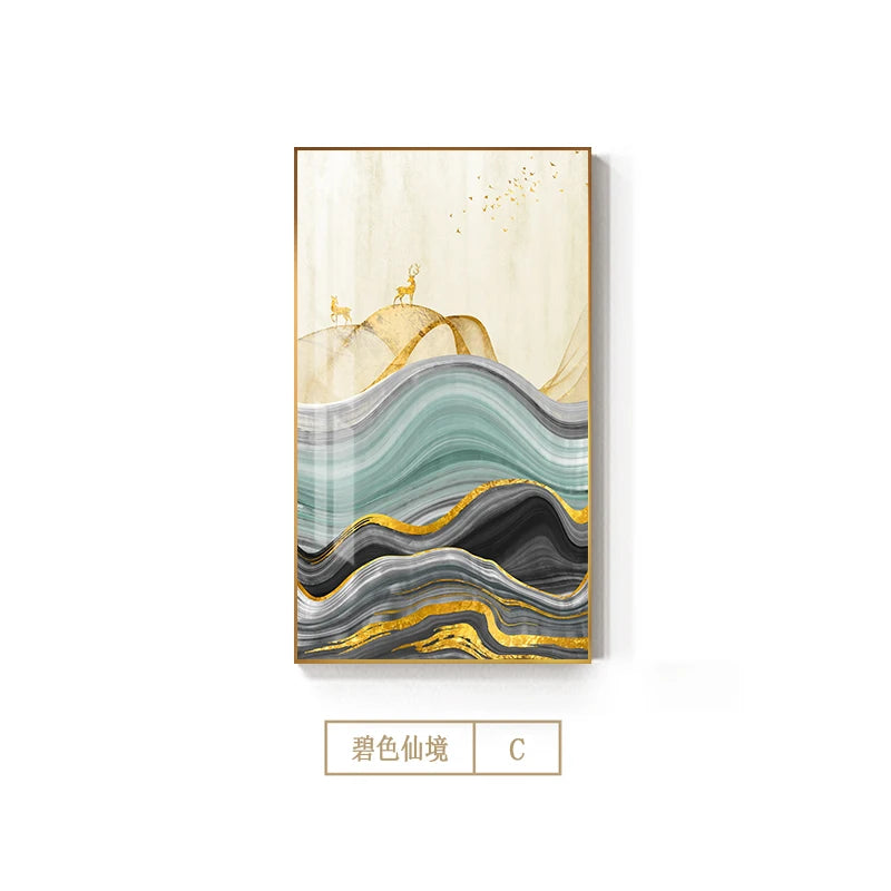 Auspicious Golden Deer Mountain Abstract Landscape Wall Art Fine Art Canvas Prints - Pictures For Living Room Dining Room Light Luxury Art For Modern Interiors